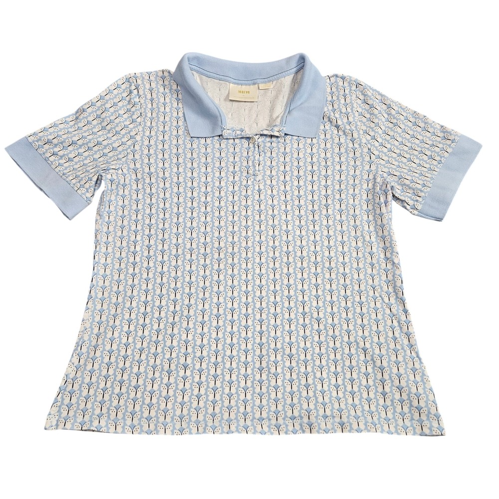 Maeve Anthropologie Polo Shirt Women XL Blue Butterfly Print‎ Cotton Preppy Top